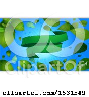 Poster, Art Print Of Green Ribbon Banner Over A Sunny Blue Sky With Spring Leaves And Text With White Panels