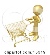 Gold Person Standing With An Empty Shopping Cart In A Store Clipart Illustration Image