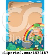 Poster, Art Print Of Border Of A Female Leprechaun And Rainbow With A Blank St Patricks Day Scroll