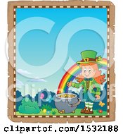 Poster, Art Print Of Border Of A St Patricks Day Female Leprechaun With A Pot Of Gold At The End Of A Rainbow