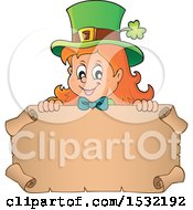 Clipart Of A Female Leprechaun Over A Blank St Patricks Day Scroll Royalty Free Vector Illustration by visekart