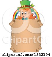 Poster, Art Print Of Female Leprechaun And Rainbow Over A Blank St Patricks Day Scroll