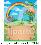 Poster, Art Print Of Female Leprechaun Pot Of Gold And Rainbow Over A Blank St Patricks Day Scroll