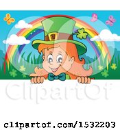 Poster, Art Print Of St Patricks Day Female Leprechaun Looking Over A Sign With A Rainbow And Butterflies