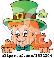 Poster, Art Print Of St Patricks Day Female Leprechaun Looking Over A Sign