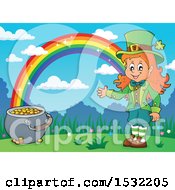Poster, Art Print Of St Patricks Day Female Leprechaun With A Pot Of Gold At The End Of A Rainbow