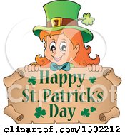 Poster, Art Print Of Female Leprechaun Over A Scroll With A Happy St Patricks Day Greeting