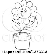 Poster, Art Print Of Black And White Potted Cheerful Daisy Flower Character