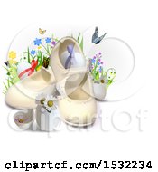 3d Easter Eggs Flowers Butterflies And Baby Shoes On A Shaded White Background