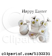 Poster, Art Print Of Happy Easter Greeting Over 3d Eggs And Daisy Flowers On A Shaded White Background