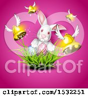 Poster, Art Print Of White Easter Bunny With Eggs In Grass And Flying Bells On Pink
