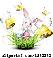 Poster, Art Print Of White Bunny Rabbit With Easter Eggs In Grass And Flying Bells