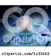 Poster, Art Print Of 3d Male Head With Visible Brain Over Dna And Cells
