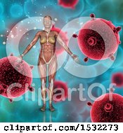 Clipart Of A 3d Muscular Woman Over Cells Royalty Free Illustration