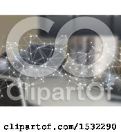 Clipart Of A Network Connection Design Over A Blurred Office Desk Royalty Free Illustration