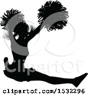 Clipart Of A Black Silhouetted Cheerleader In Action Royalty Free Vector Illustration