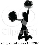 Clipart Of A Black Silhouetted Cheerleader In Action Royalty Free Vector Illustration by AtStockIllustration