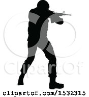 Clipart Of A Black Silhouetted Male Armed Soldier Royalty Free Vector Illustration by AtStockIllustration