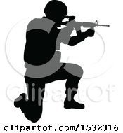 Clipart Of A Black Silhouetted Male Armed Soldier Royalty Free Vector Illustration