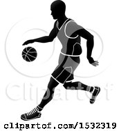 Poster, Art Print Of Silhouetted Black And White Basketball Player Dribbling