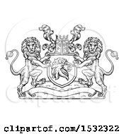 Poster, Art Print Of Black And White Heraldic Lions Coat Of Arms Crest With A Knights Great Helm Helmet