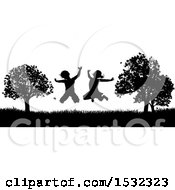 Poster, Art Print Of Black And White Border Of Silhouetted Children Jumping Outdoors