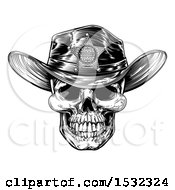 Poster, Art Print Of Cowboy Skull Wearing A Sheriff Hat Black And White Vintage Engraved