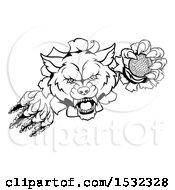 Clipart Of A Black And White Ferocious Wolf Slashing Through A Wall With A Golf Ball Royalty Free Vector Illustration