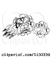 Clipart Of A Black And White Bulldog Mascot Holding A Video Game Controller And Breaking Through A Wall Royalty Free Vector Illustration