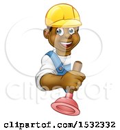Poster, Art Print Of Happy Black Male Plumber Holding A Plunger Around A Sign