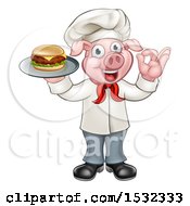Poster, Art Print Of Full Length Chef Pig Holding A Cheese Burger On A Tray And Gesturing Okay