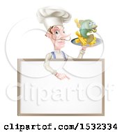 Male Chef Holding Fish And Chips On A Tray And Pointing Down Over A Menu