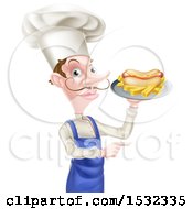 Poster, Art Print Of Male Chef Holding A Hot Dog And Fries On A Tray And Pointing