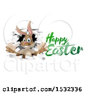 Poster, Art Print Of Happy Easter Greeting With A Brown Bunny Rabbit Breaking Through A White Brick Wall