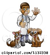 Poster, Art Print Of Black Male Veterinarian Giving A Thumb Up And Waving Standing With A Dog And Cat