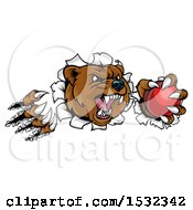 Poster, Art Print Of Bear Mascot Slashing Through A Wall With A Cricket Ball In A Paw