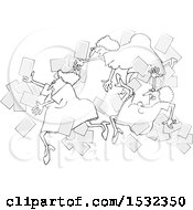 Clipart Of A Group Of Black And White Business Women Falling With Papers Flying Around Royalty Free Vector Illustration
