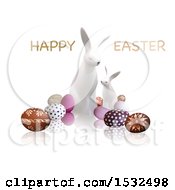 Poster, Art Print Of Happy Easter Greeting Over White Bunnies And Eggs On A Reflective White Background