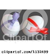 Poster, Art Print Of 3d Easter Eggs With Ribbons And Bows On Gray