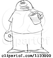 Clipart Of A Lineart Man Sipping A Fountain Soda And Holding A Donut Royalty Free Vector Illustration
