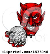 Clipart Of A Grinning Evil Red Devil Holding Out A Golf Ball In A Clawed Hand Royalty Free Vector Illustration