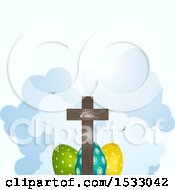 Poster, Art Print Of Wooden Cross Over Easter Eggs And Clouds