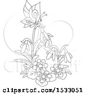 Clipart Of A Black And White Easter Egg With Spring Flowers And A Butterfly Royalty Free Vector Illustration