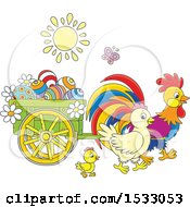Poster, Art Print Of Family Of Chickens With A Cart Of Easter Eggs