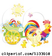 Poster, Art Print Of Sun Shining On Chickens With A Cart Of Easter Eggs