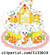 Poster, Art Print Of Cute Easter Cake With A White Rabbit House And Carrots