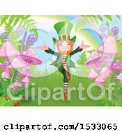 Poster, Art Print Of Happy Leprechaun Dancing By Ferns And Mushrooms At The End Of A Rainbow