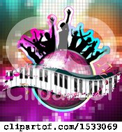 Poster, Art Print Of Group Of Silhouetted People On A Pink Disco Ball And Music Keyboard Wave With Notes On Mosaic