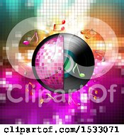 Poster, Art Print Of Half Pink Disco Ball And Vinyl Record With Music Notes Over Mosaic