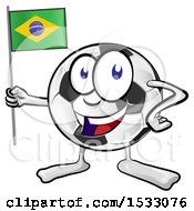 Poster, Art Print Of Soccer Ball Mascot Character Holding A Brazilian Flag